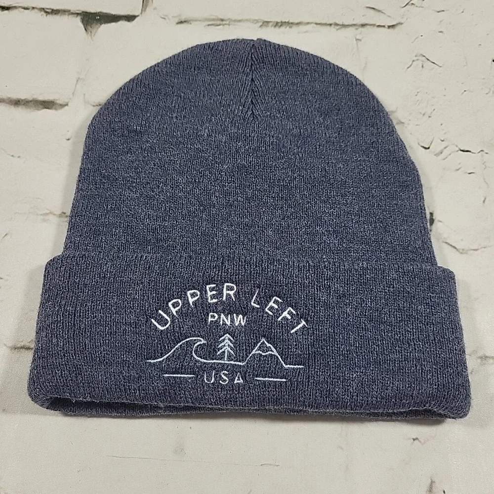 Upper Left PNW Pacific Northwest Oregon Blue Knit Beanie Hat Cap